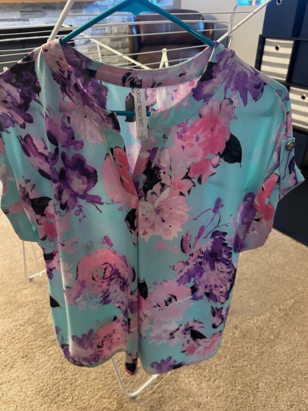 Ladies Dear Scarlett Lizzy Short Sleeve Top- Aqua Floral- Large